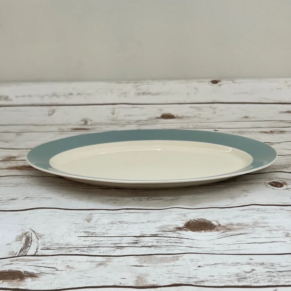VTG MCM Serving Platter Green Cream Oval Ceramic Minimalist 14.5in